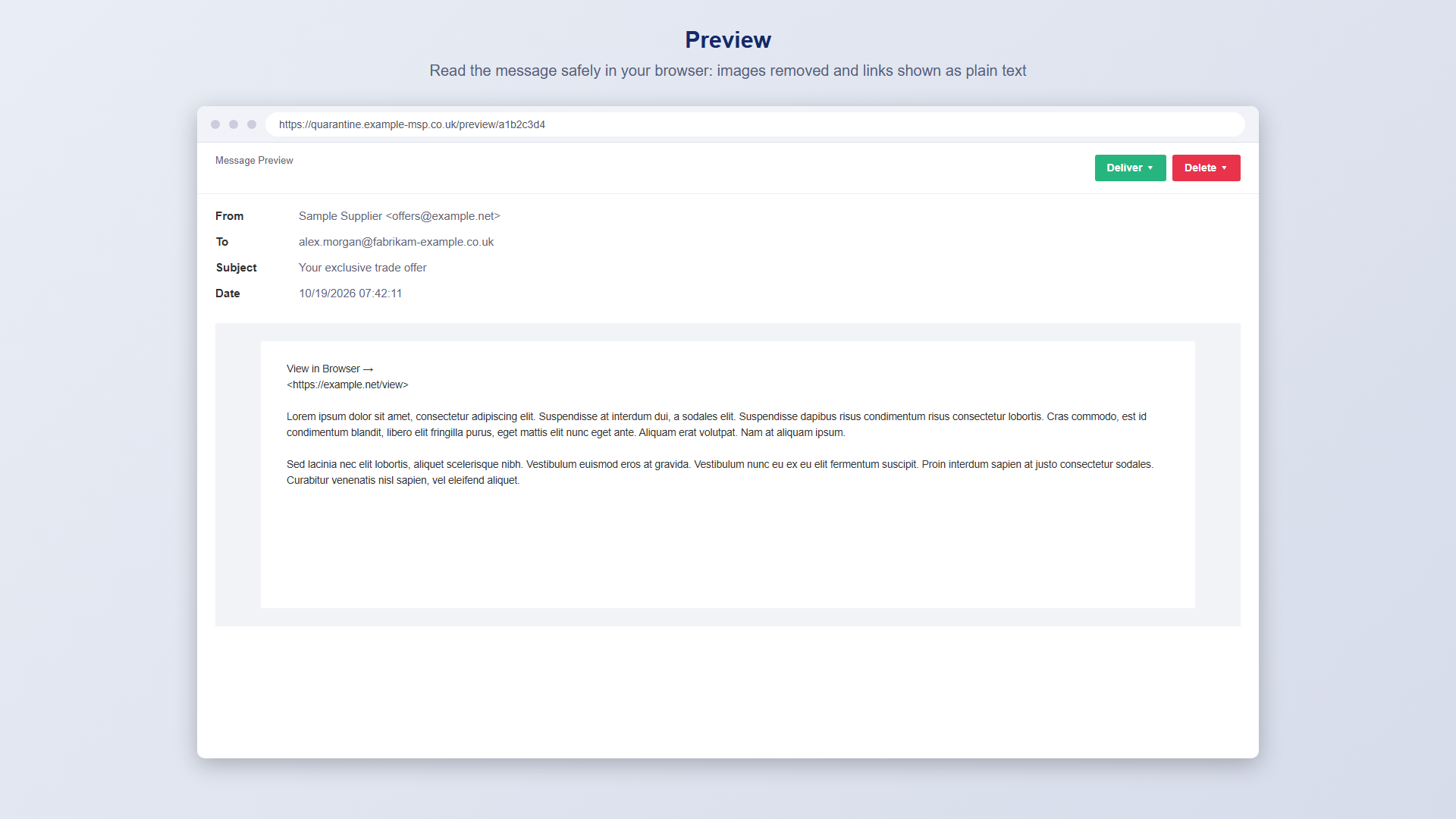 The message preview page with Deliver and Delete options