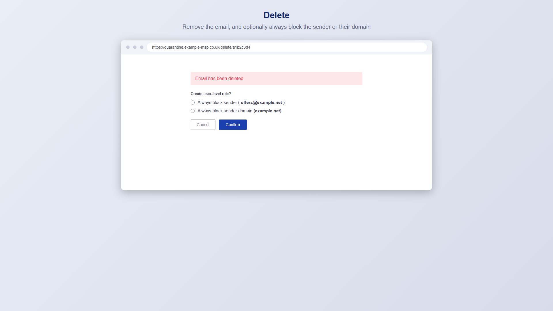 Confirmation page after deleting a message, with options to always block the sender or domain