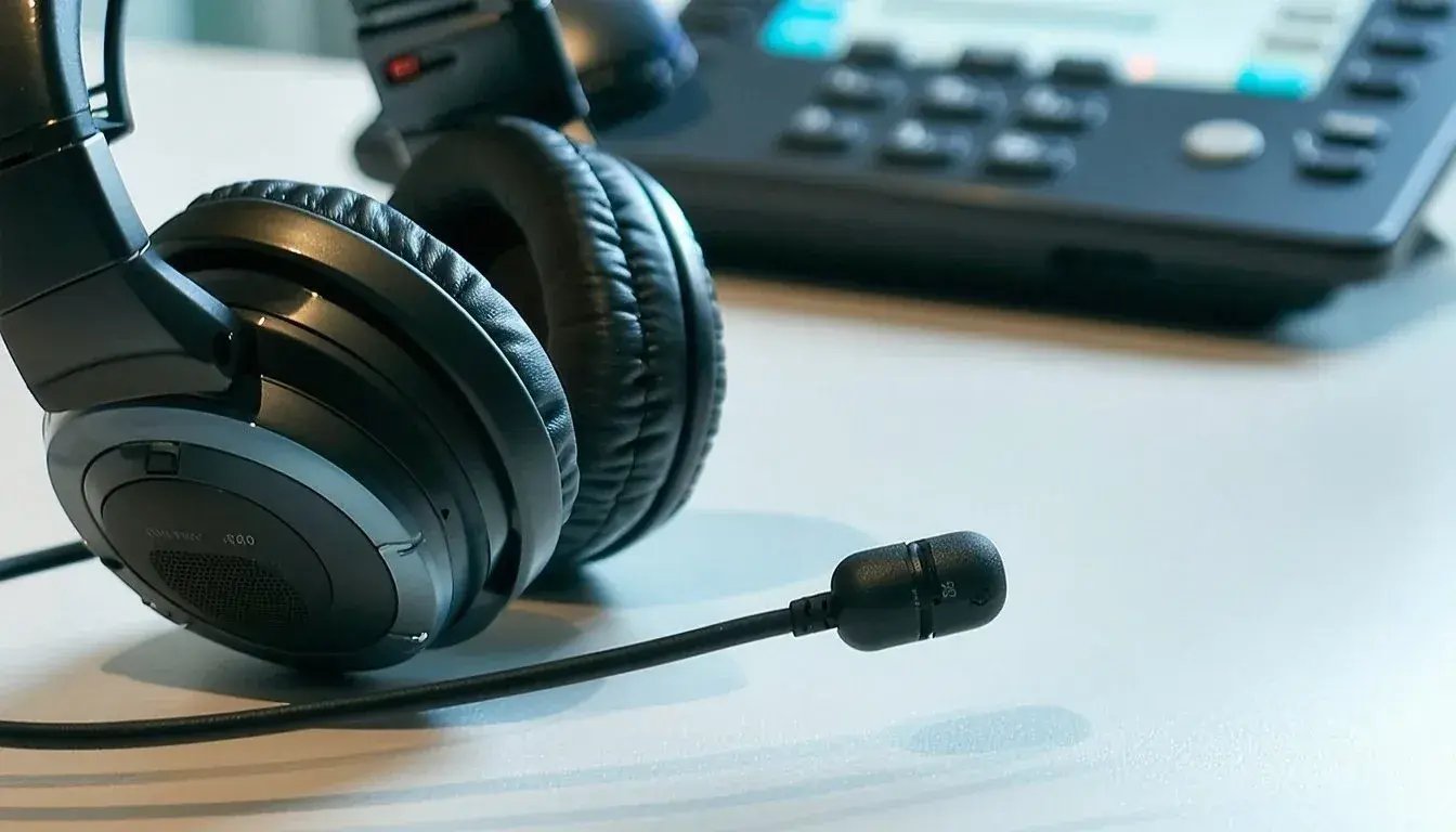 A generic image of a telecoms headset in the close foreground with a desktop handset blurred in the background-1_converted