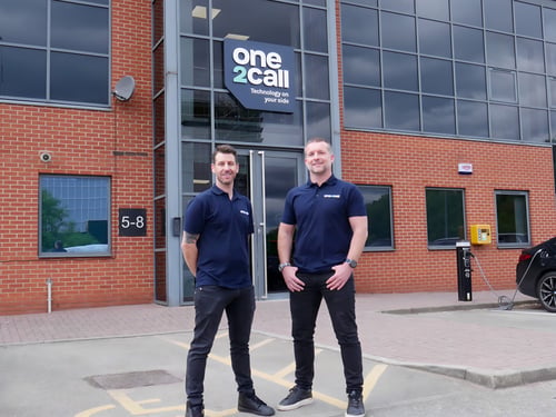 Nick Bass (left) and Danny Kirkby (right), founders of One2Call, outside their new 6,000 sq ft headquarters at Jessops Riverside, Sheffield